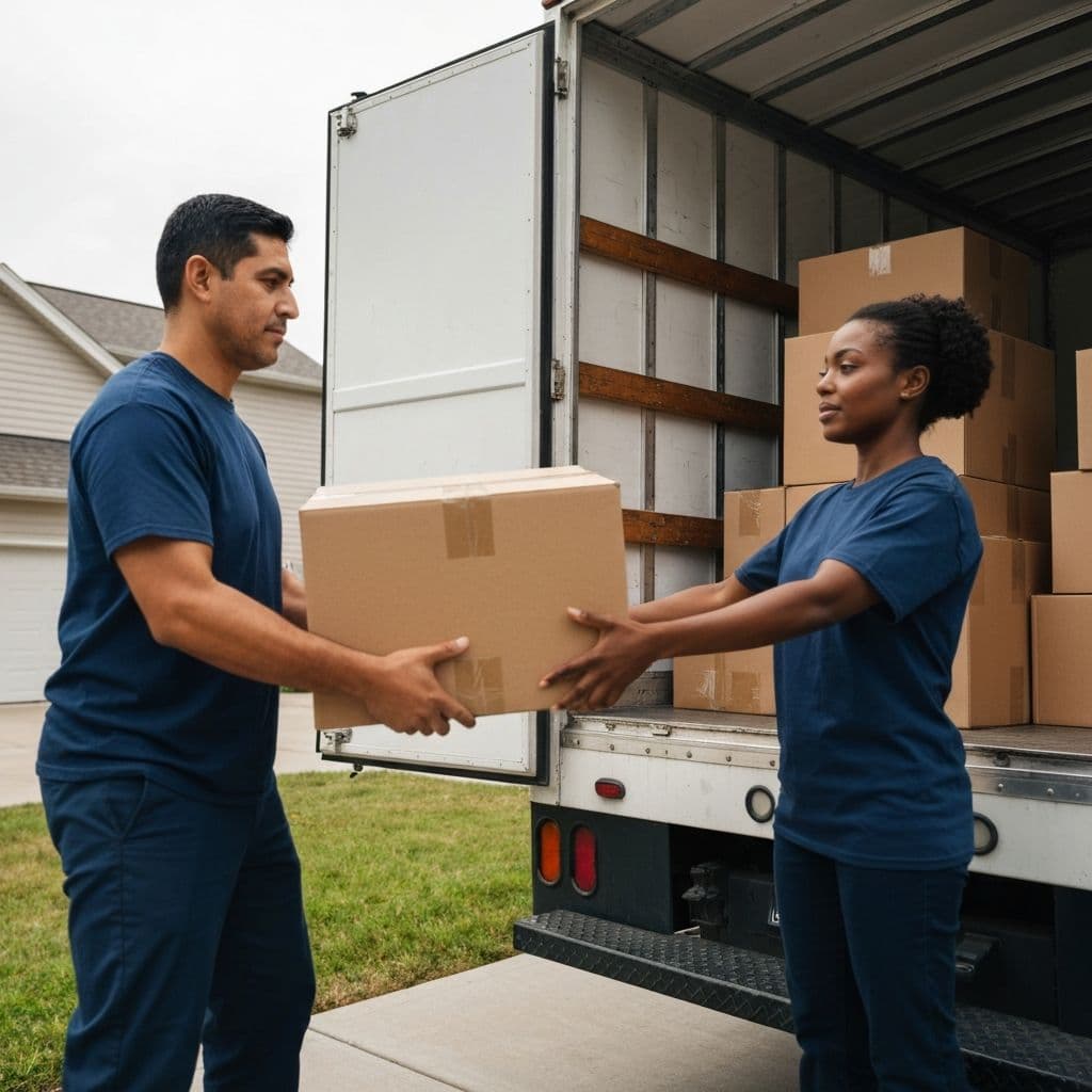 Carrier crew loading household boxes onto a moving truck for an interstate relocation